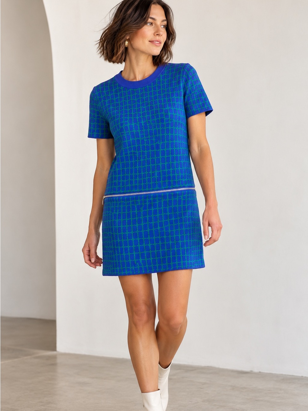 COS Geometric Knit Shift Mini Dress Blue Green Zip Detail Small